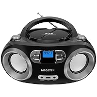 MEGATEK Portable CD Player Boombox with FM Radio, Bluetooth, and USB Port | Clear Stereo Sound | CD-R/RW and MP3 CDs Compatible | 3.5mm Aux Input and Headphone Jack | Backlit LCD Display - Black