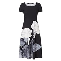 Women's Floral Print Maxi Dress Round Neck Short Sleeve Party Prom Dress Casual Loose Summe Bohemian Beach Swing Dress