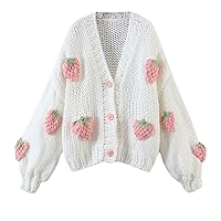 Crochet White Cardigan Sweater Retro Woman V Neck Long Sleeve Knit Loose Knitwear