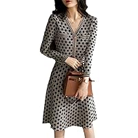 Korean Elegant A-Line Midi Dress Women Autumn Long Sleeve V Neck Print Button Female