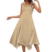 Women Sun Dresses Flowy Dresses for Women 2024 Summer Solid Color Simple Classic Casual Slim with Sleeveless Crewneck Tunic Dress Khaki Medium