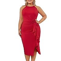 Hanna Nikole Plus Size Women's Wear to Work Dresses Sleeveless Ruched Waist Split Hem Cocktail Pencil Bodycon Dress