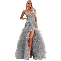 Sparkly Prom Dresses for Teens Tulle Tiered Formal Dress with Slit V Neck Long Evening Party Gown