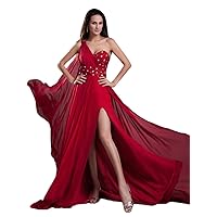 Red One Shoulder Open Back Chiffon Draped Beaded Prom Dress With Slits