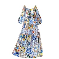 Designer Maxi Dress Women's Long Lantern Sleeve Blue and White Porcelain Floral Print Party Long Dress