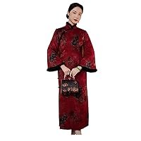 Autumn and Winter Women Silk Chinese Print Overcoat Cheongsam Cardigan Dress Warm Collar Red Coat 2542