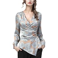 Rich Peony Flowers Print Satin Blouse Women Long Sleeve V-Neck Irreguar Button-Down Shirt Sexy Autumn Casual Tops