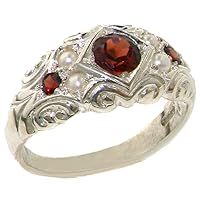 925 Sterling Silver Cultured Pearl and Real Genuine Garnet Womens Band Ring