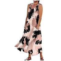 Women Casual Summer Dress Sleeveless Dress Casual Plus Size Gradient Print Loose Dresses with Pockets