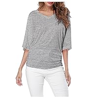 Ruched Fancy Tops for Women V Neck Plus Size 2024 Womens Tops Workout Tops for Women Dolman Sleeve 3/4 Sleeve Solid