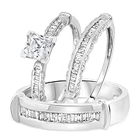 14K White Gold Over His/Her Wedding Trio Ring Set 2 Ct Princess/Baguette Sim Diamond