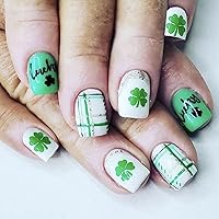 24Pcs St. Patrick's Day Press on Nails Medium Square - French Tip Fake Nails with Green Shamrock Irish Design Reusable Natural Stick on Nails Gift for Women DIY St. Patrick's Day Clover Manicure Set