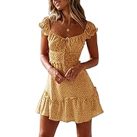 Valphsio Womens Smocked Dress Ruffle Floral Tie Front Boho Short Dresses