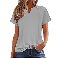 Womens Summer Plain Tops Notched V Neck Short Sleeve Shirts Solid Color Work Blouses Casual Loose Fit Basic T Shirts
