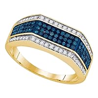 The Diamond Deal 10kt Yellow Gold Mens Round Blue Color Enhanced Diamond Triple Stripe Flat Surface Band 3/4 Cttw