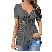 Sexy V Neck Tops for Women Hide Belly Tunic Short Sleeve Tshirts 2024 Summer Dressy Casual Pleated Blouses Loose Fit Tees