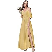 Long Spaghetti Straps Bridesmaid Dress with Slit Off Shoulder Chiffon Formal Party Gowns