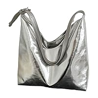 Shoulder Bag for Women Shopping Bag PU Top-Handle Handbag Female Large Capacity Silver Gold Leather Tote Bag (Silver)