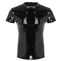 TiaoBug Men's Shiny Metallic Leather Short Sleeve Tank Top Muscle Tight T-Shirt Clubwear