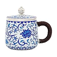 Cloisonne 999 Sterling Silver Mugs, Water Tea Milk Beer Coffee Cups, Tangled branch flower, White Blue, With Lid, 10.82 fl.oz.us, 11.82 oz