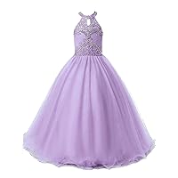 Girls Birthday Prom Dresses Princess Organza Beaded Halter Long Party Gowns US 6 Lavender
