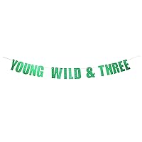 Green Glitter Young Wild and Three Banner - Happy 3rd Birthday Boy Girl Party Decorations - Great for Baby Shower Boho Tribal Themed 3rd Birthday Party Decor