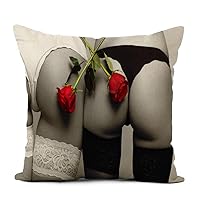 Linen Throw Pillow Cover Sexy Women Asses Crossed Red Roses Black and White Home Decor Pillowcase 20x20 Inch Cushion Cover for Sofa Couch Bed and Car