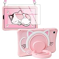 for Samsung Galaxy Tab A7 Lite 8.7 Inch Case 2021 (SM-T220/T225) with Screen Protector 360° Rotating Handle Stand Adjustable Strap Cute Cat Silicone Protective Tablet Cover for Kids Girls