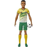Barbie Soccer Ken Doll with Short Cropped Hair, Colorful #21 Uniform, Cleats, & Tall Socks, Soccer Ball