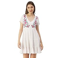 Solid Viscose Short Sleeves Embroidered Dress, Beach Summer Short Dress