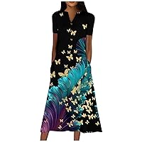 Summer Dresses for Women 2024 Plus Size Short Sleeve Button Down Boho Midi Sun Dress House Dress with Pockets