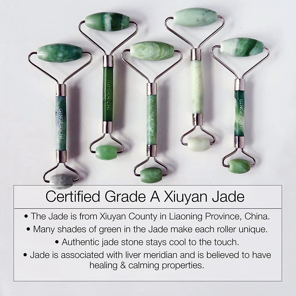 Ginger Chi Jade Roller for Face Care - Anti Aging Skin Roller for Face, Eyes, Cheeks, Forehead & Neck- Natural Skin Care Facial Tools- Made from Real Jade Gua Sha Stone