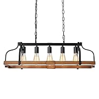 5-Lights Kitchen Island Lighting, UL Listed L31 Height Adjustable Hand-Painted Wood Color Metal Hanging Farmhouse Pendant Lights for Kitchen,Rustic Linear Chandeliers for Dining Room Over Table