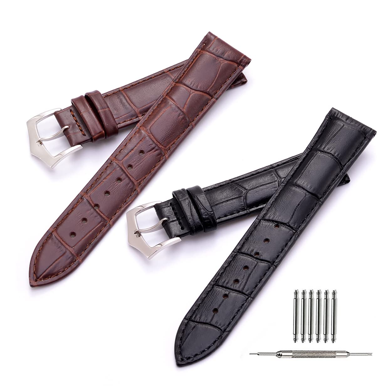 Nice Pies Leather Watch Bands,2 Packs Alligator Grain Calfskin Replacement Watch Straps,18mm 20mm 22mm 24mm Black and Brown Classical Wristbands for Men Women