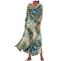 Dresses for Women 2023 Oversized Swing Graphic Print Maxi Dress Round Neck 3/4 Sleeve Casual Loose Dress with Pocket