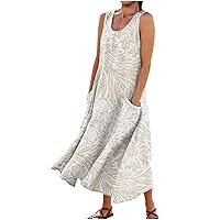 Womens Dresses Linen Cotton Long Dresses U Neck Sleeveless Tank Dress Floral Sundress with Pocket Womens Clothes