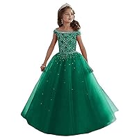 Girl's Off Shoulder Long Pageant Dresses Princess Tulle Beaded Straps Birthday Party Dress