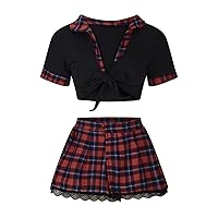 Women's Schoolgirl Lingerie Lace Up Crop Tops Mini Skirt Set Student Cosplay Costumes Sexy Roleplay Lingerie Suit