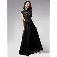 Fall Dresses for Women 2022 Ribbon Detail Contrast Lace Bodice Chiffon Formal Maxi Dress (Color : Black, Size : Large)
