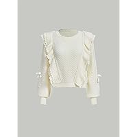 Sweaters for Women Ruffle Trim Bow Side Lantern Sleeve Sweater Sweaters (Color : Beige, Size : Small)