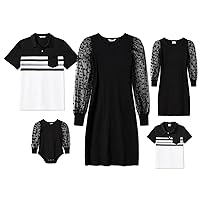 PATPAT Family Matching Outfits Mommy and Me Dress Polo Shirt Polka Dots Sheer Mesh Long Sleeve Black Colorblock
