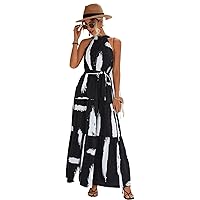 Summer Dresses for Women 2023 Brush Print Ruffle Hem Belted Halter Maxi Dress
