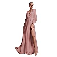 Long Sleeve Bridesmaid Dresses for Women Chiffon High Slit V Neck A Line Ruched Formal Evening Dress with Sash