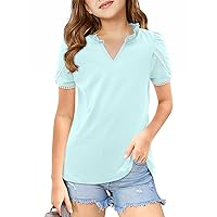 Girls Petal Short Sleeve Shirts Casual Ruffle V Neck Tops Blouses 5-14 Years