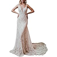 Women's Beach Wedding Dresses for Bride 2022 Vintage Long Sleeves Lace Bohemian Bridal Gown