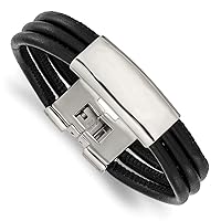 Jewels By Lux Polished Engravable Personalized Custom Stainless Steel Polished Black Leather ID Bracelet For Men Length 8 inches Width 1 mm With Fold Over Clasp