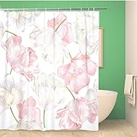 Bathroom Shower Curtain White and Pink Tulip Flowers Spring Tender for Natural 60x72 inches Waterproof Bath Curtain Set with Hooks