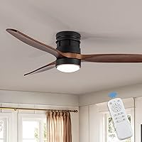 EKIZNSN 52 Inch Modern Outdoor Flush Mount Ceiling Fan with Lights Remote Control, Low Profile Wood Ceiling Fan with 3 Blades for Bedroom/Living Room, Matte Black
