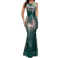 Sexy Sequin Large Size Women's High Waist Round Neck Sleeveless Fish Tail Skirt Party Evening Dress Fall Dresses