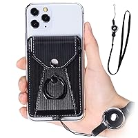Cell Phone Card Holder,Card Holder for Back of Cell Phone with Ring Grip Stand,Adhesive Stick-on Credit Card Wallet Pocket with Detachable Neck Strap Black